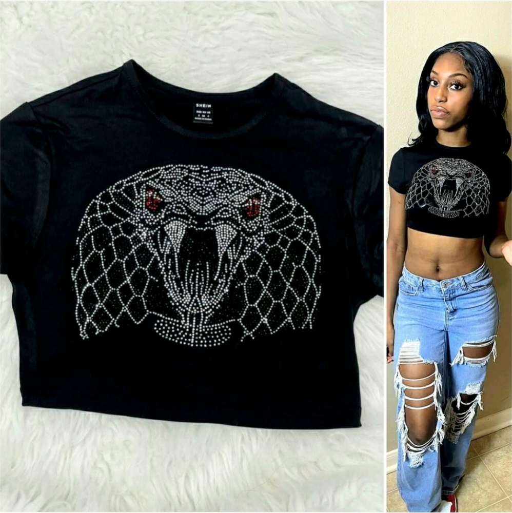 Teen/Women Black Bedazzled/Rhinestone Crop Top